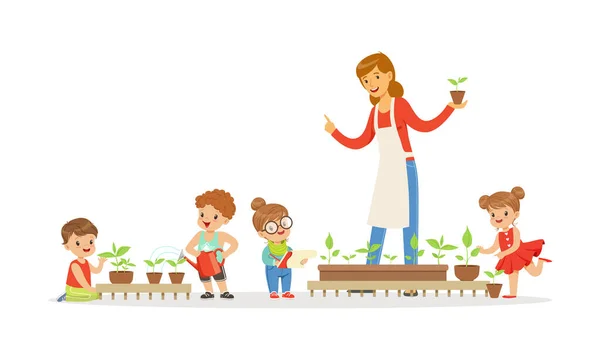 Bambini che hanno lezione di botanica. Insegnante Dimostrare impianto vettoriale Illustrazione — Vettoriale Stock