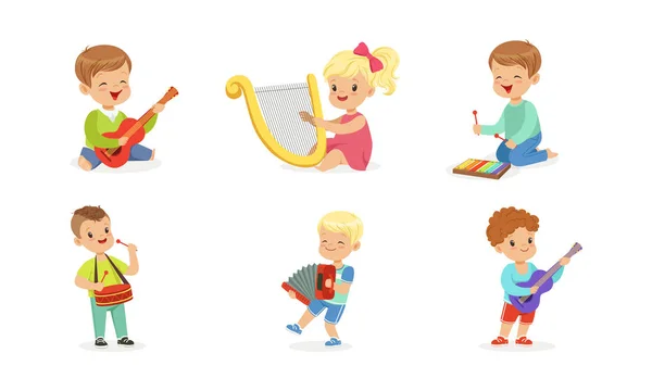 Little Kids Playing Musical Instruments Vector Illustrations Set — Stock Vector