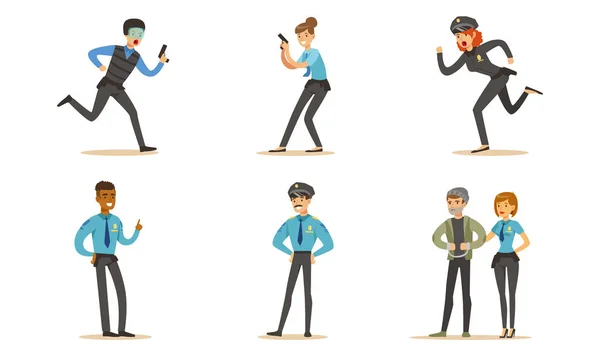 Hombres y mujeres personajes de la policía en diferentes poses y acciones Vector Illustration Set aislado sobre fondo blanco — Vector de stock