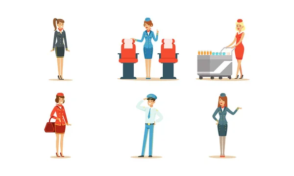 Personages van het vliegtuigpersoneel. Stewardess serveert drankjes op het vliegtuig Vector Illustraties Set — Stockvector