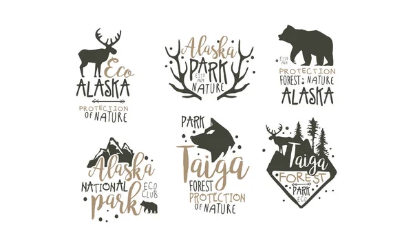 Alaska National Park Promo Signs Series met Wildernis Elementen Silhouettess — Stockvector