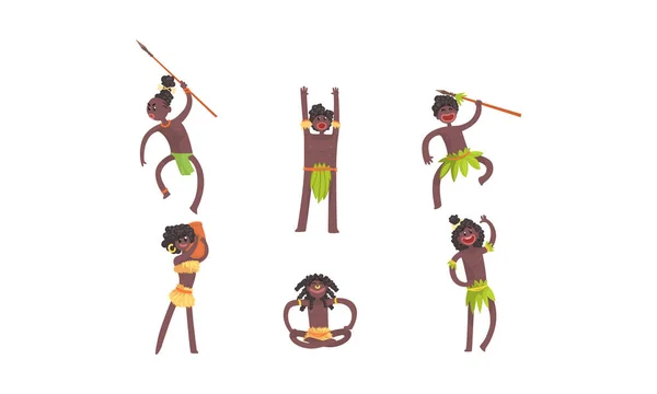 Ensemble de vecteurs de caractères tribaux africains. L'homme bat le tambour et danse la danse vaudou — Image vectorielle