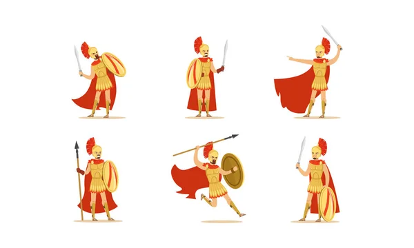 Gladiatoren mit Schwertern Vektor-Set. Kampfcharaktere in Action-Posen — Stockvektor