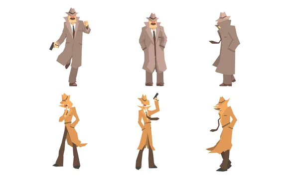 Old And Young Secret Agents And Private Detectives In Different Actions Vector Illustration Set Isolated On White Background — Stock Vector