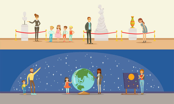 Посетители музея совершают экскурсию с векторными иллюстрациями и без них
