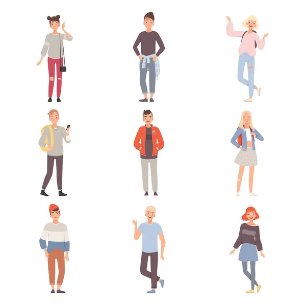 Set Of Teenagers In Different Poses Wearing Casual And Smiling Flat Vector Illustration (dalam bahasa Inggris). - Stok Vektor