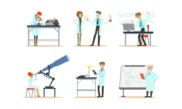 Scientists Doing Researches and Calculations in the Laboratory Vector Illustrations Set — 图库矢量图片