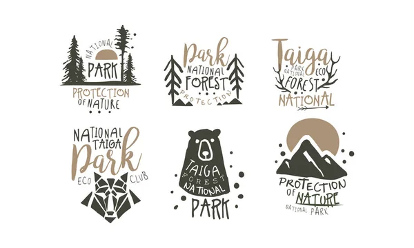 Alaska National Park Promo Signs Series With Wilderness Elements Silhouettess — Stock Vector