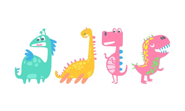 Cute Cartoon Dinosaur Characters Vector Set. Kid Fantasy Design — 图库矢量图片