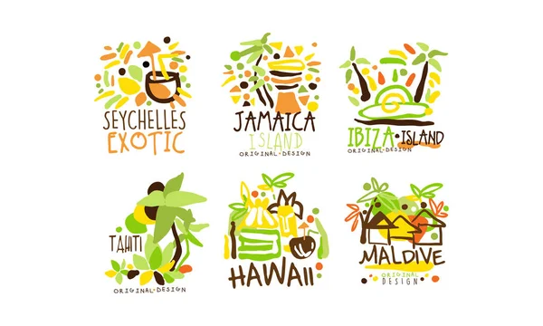 Exotische landen Labels Design Vector Set. Verzameling tropische reisbestemmingen — Stockvector