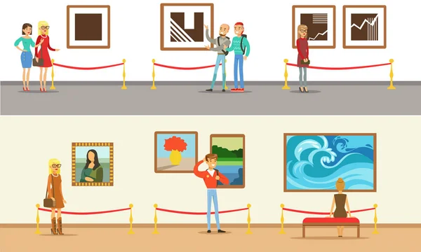 Museum Visitors Taking Museum Tour With And Without Guide Vector Illustrations — 图库矢量图片