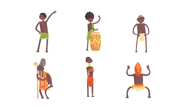 Ensemble de vecteurs de caractères tribaux africains. L'homme bat le tambour et danse la danse vaudou — Image vectorielle