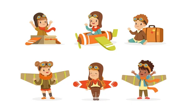 Niños jugando piloto con traje de aviador conjunto de vectores — Vector de stock