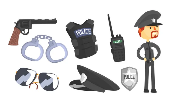 Police Officer Attributes and Wearing Uniform Copper Vector Set — ストックベクタ