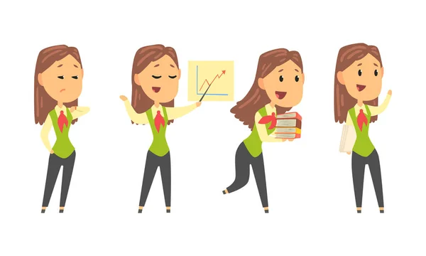 Woman Wearing Office Uniform and Working on Project During the Day Vector Set — 图库矢量图片