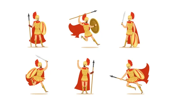 Gladiadores sosteniendo espadas conjunto de vectores. Lucha contra los personajes en acción Poses — Vector de stock