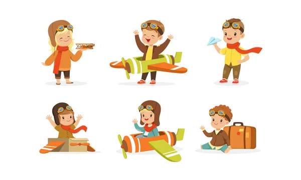 Bambini che giocano pilota indossando Airman Costume Vector Set — Vettoriale Stock