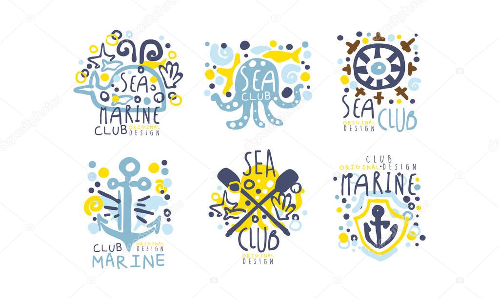 Hand Drawn Marine Labels and Logos Original Design Vector Set