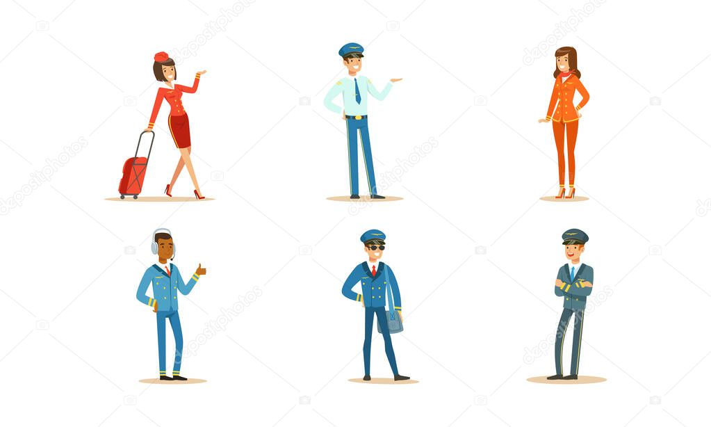 Aircraft Staff Characters. Pilot and Stewardess at Work Vector Illustrations Set