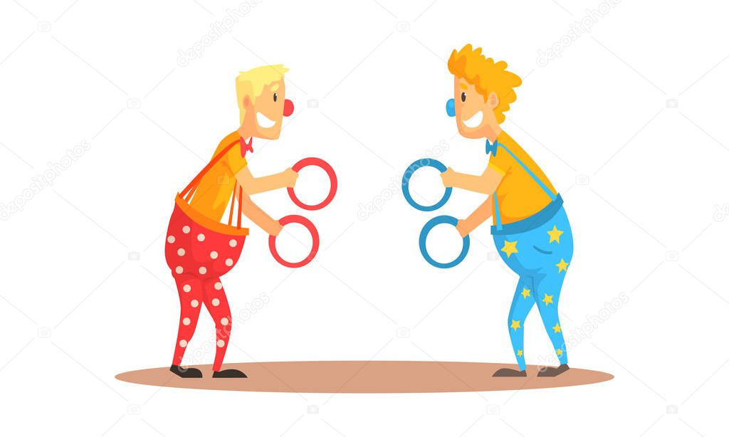 Two Clown Characters Juggling with Colorful Circles Vector Illustration