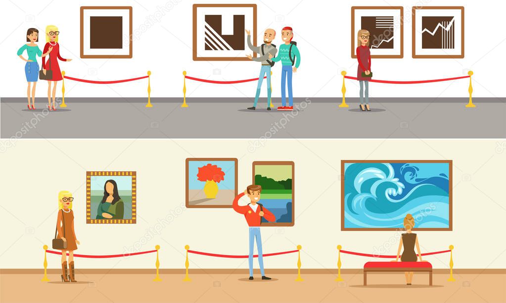 Museum Visitors Taking Museum Tour With And Without Guide Vector Illustrations