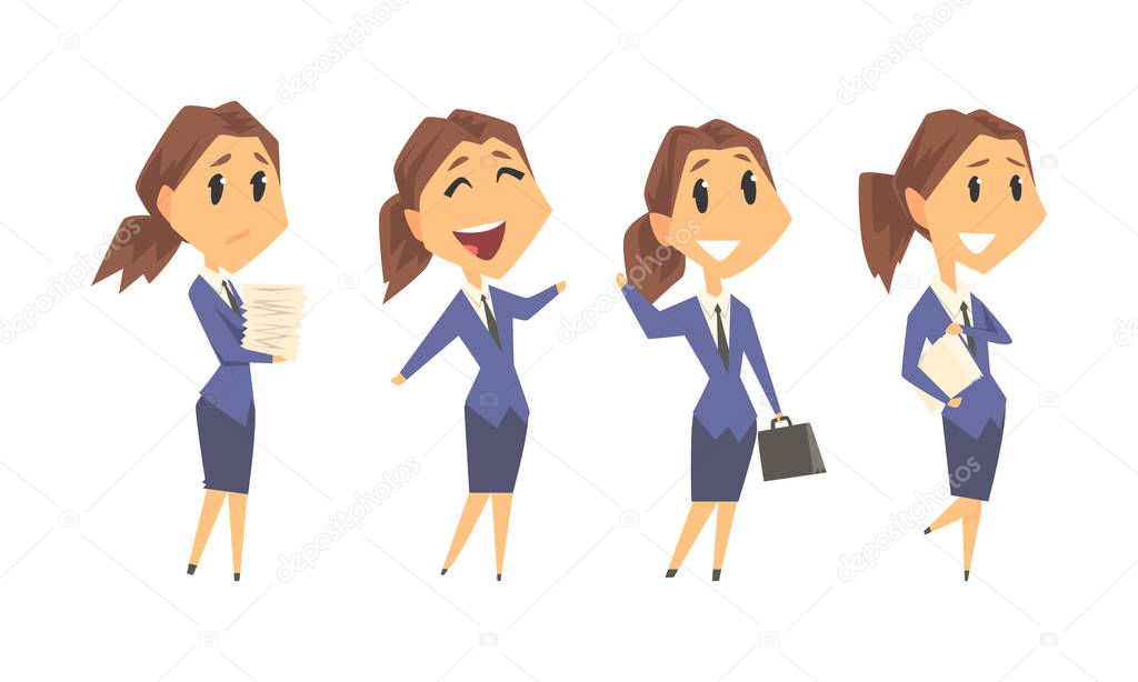 Woman Wearing Office Uniform and Working on Project During the Day Vector Set