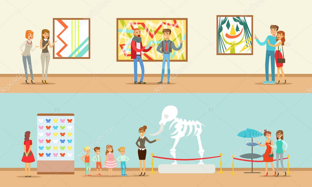 Museum Visitors Taking Museum Tour With And Without Guide Vector Illustrations