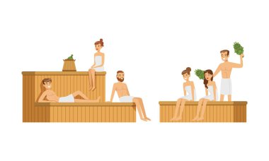 İnsan Karakterleri Sauna Vektör Resimlerinde Zaman Geçiriyor