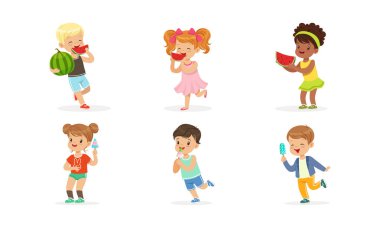 Küçük Çocuklar Karpuz ve Dondurma Vektörü setinin tadını çıkarıyor