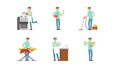 Yakışıklı Genç Adam Ev Sahibi Vektörü Resimleriyle Dolu