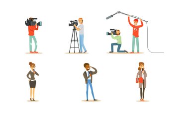 People Characters Shooting News and Journalists Doing Reportages Vector Set clipart
