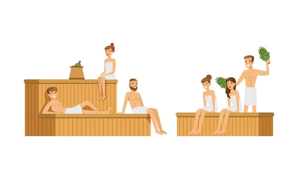 Ludzie Postacie spędzają czas w Sauna wektorowe ilustracje — Wektor stockowy