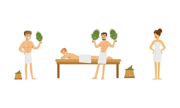 Personajes de las personas con toallas disfrutando de los procedimientos de sauna Ilustraciones vectoriales — Archivo Imágenes Vectoriales