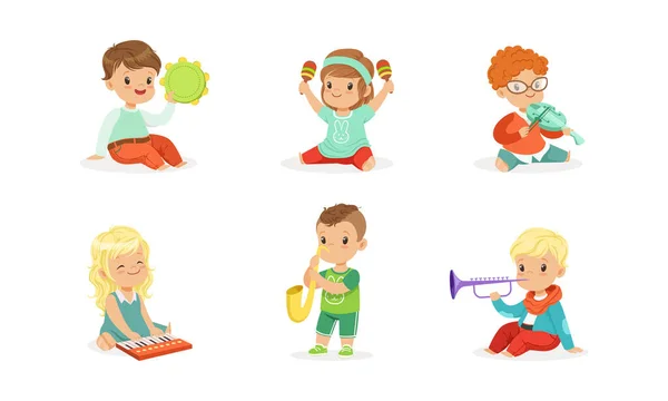 Crianças brincando instrumentos musicais Conjunto de ilustrações vetoriais — Vetor de Stock