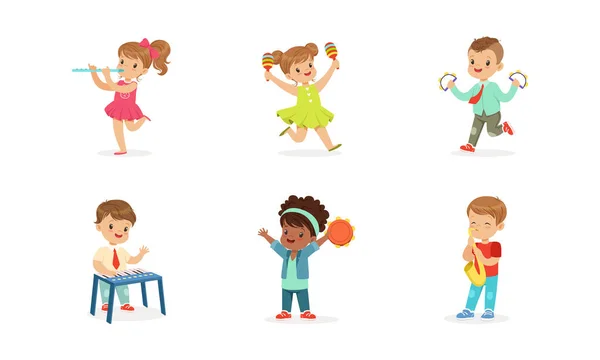 Little Kids Smiling and Playing Musical Instruments Vector Illustrations Set — Stock Vector