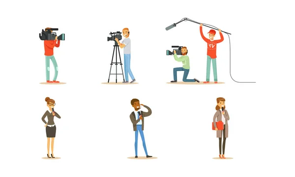 People Characters Shooting News and Journalists Doing Reportages Vector Set — Stock Vector