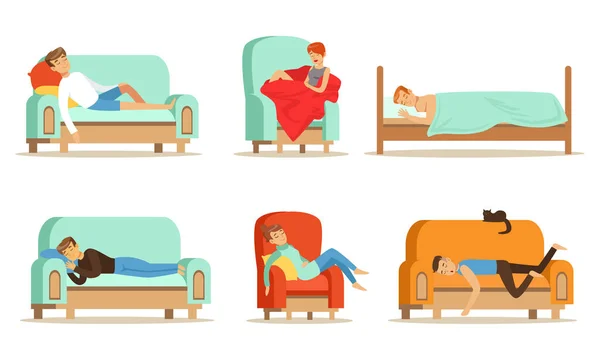 İnsanlar Evde Vektör Resimlerinde Farklı Pozisyonlarda Uyuyor — Stok Vektör