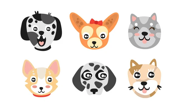 Bonito Cartoon Gatos e Cães Muzzle Vector Set —  Vetores de Stock