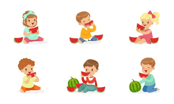 Crianças gostando de comer melancia conjunto de vetor —  Vetores de Stock