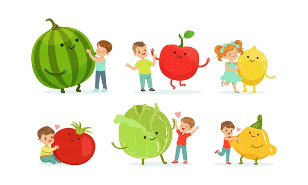 Małe dzieci bawiące się Big Fruits i Vegetables Vector Set — Wektor stockowy