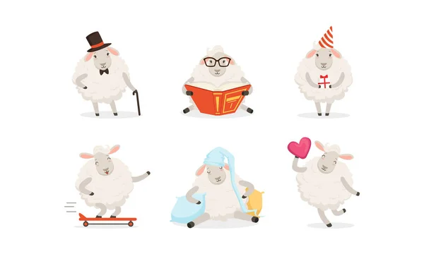 Cute Cartoon Sheep Vector Set. Farma Wooly Charakter Reading Book — Stockový vektor