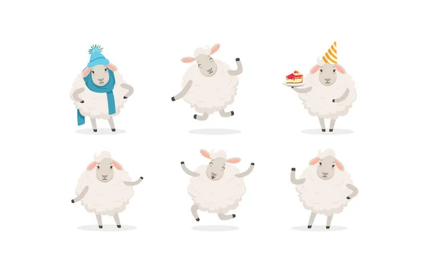 Cute Cartoon Sheep Vector Set. Farm Wooly Character Wearing Warm Clothing — Stock Vector