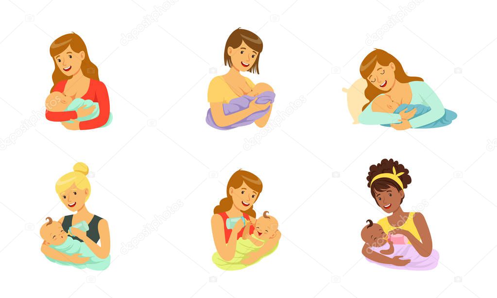 Mother Feeding Newborn Baby with Breast and Bottle Vector Set