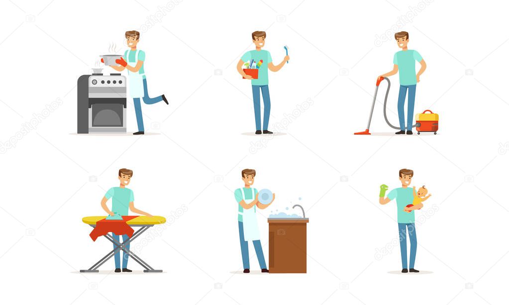 Handsome Young Man Occupied with Household Vector Illustrations