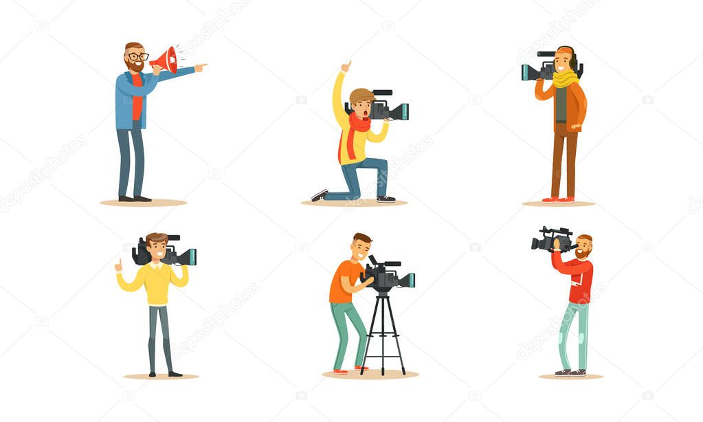 People Characters Shooting News and Journalists Doing Reportages Vector Set