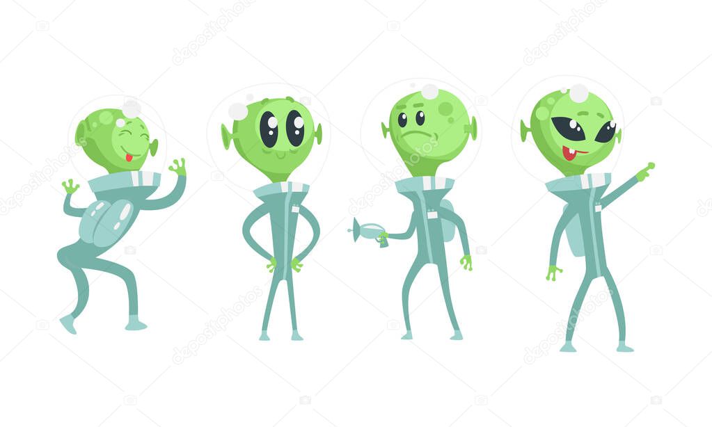 Cartoon Alien Characters Wearing Space Costume Vector Set