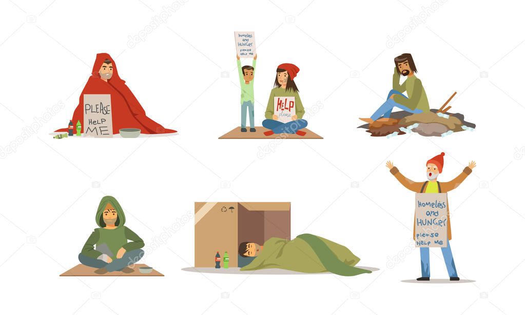 Homeless People Characters Vector Set. Poverty Concept
