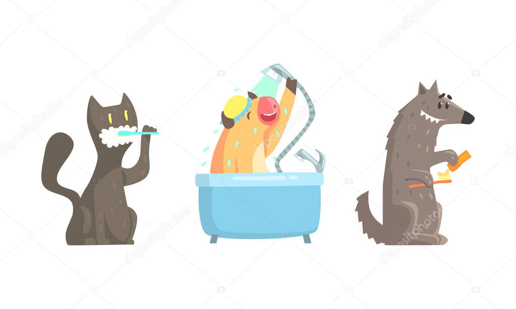 Cute Animals Bathing Vector Set. Hygiene and Care Concept