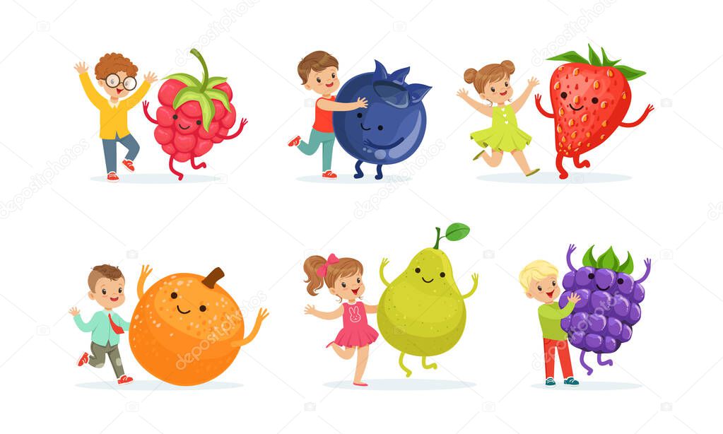 Little Kids Playing with Big Fruits and Berries Vector Set
