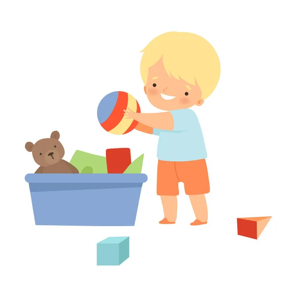 Malý chlapec shromažďuje své hračky a uklidit svůj pokoj vektorové ilustrace — Stockový vektor